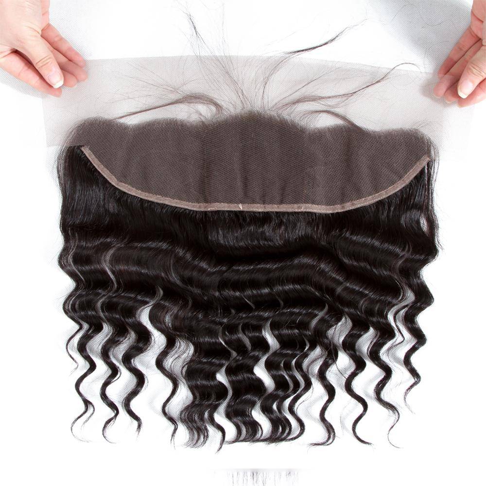 Loose Deep Wave Virgin Hair Lace Frontal Closure With 3Bundles