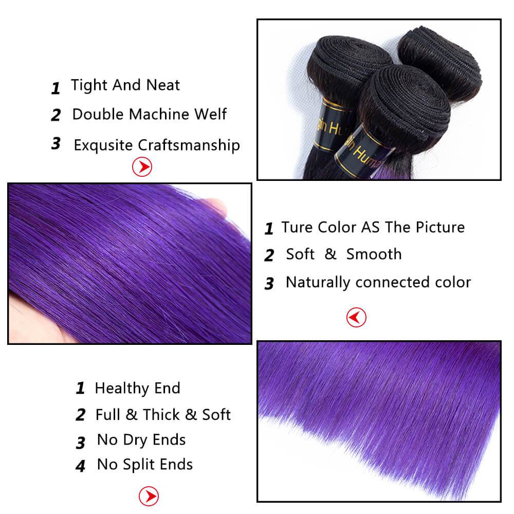 1B/Purple Ombre Color Straight Human Hair 3 Pcs with Lace Closure 2 Tone Ombre Hair Weave