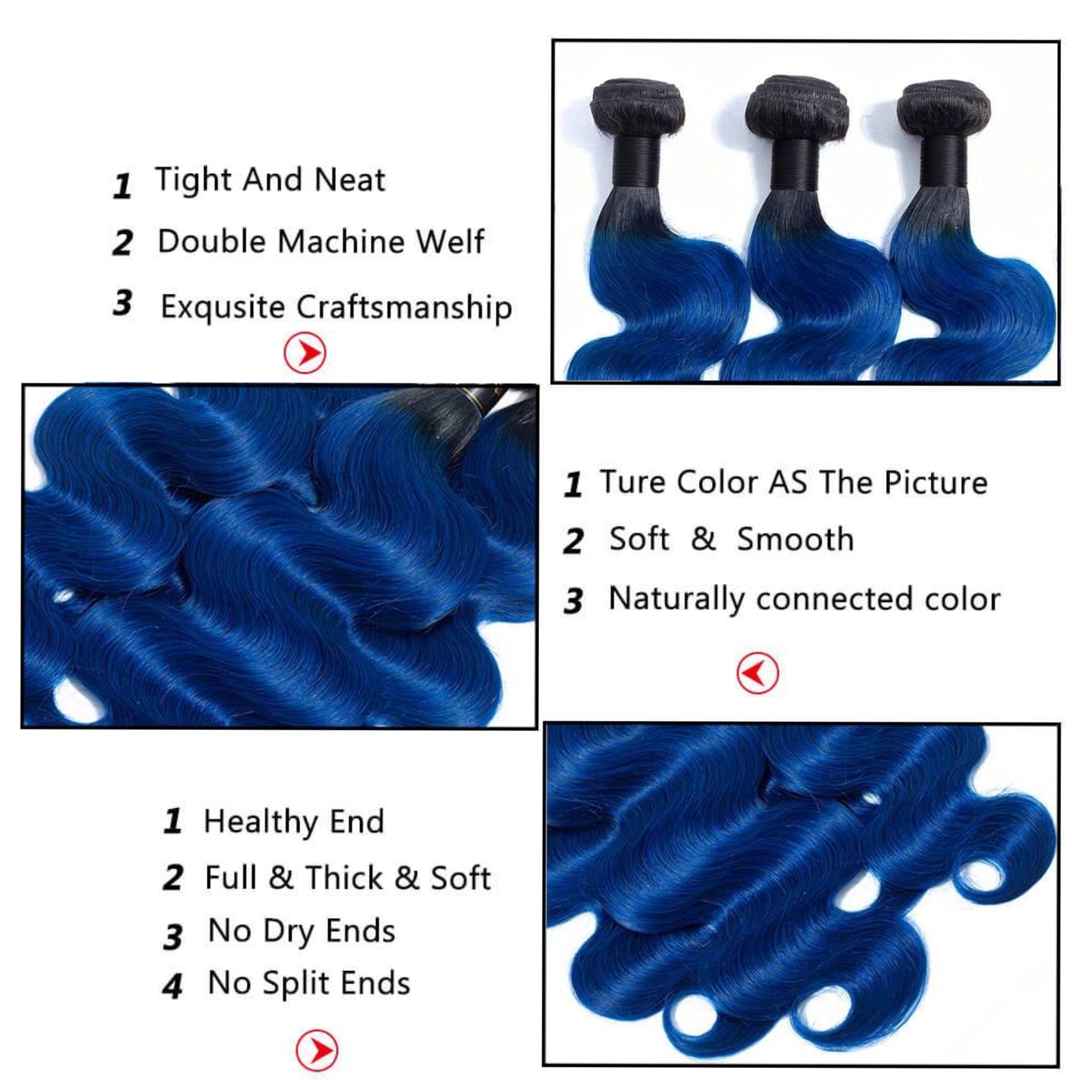 1B/Blue Body Wave Human Hair 3 Bundles with Closure 2 Tone Ombre Human Hair