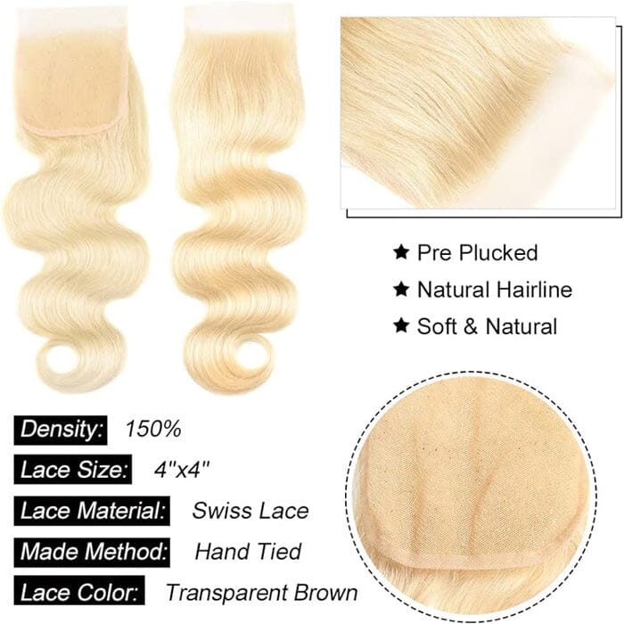 Indian Body Wave 613 Blonde Color Human Hair 3 Bundles with 4x4 Lace Closure