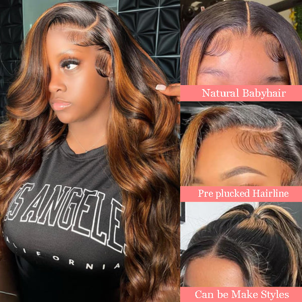 Ombre Lace Front Wig Human Hair 1B/30 Body Wave Highlight 13x4 Ombre Brown Lace Wigs