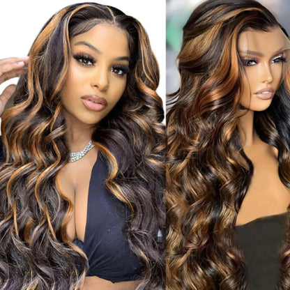 Ombre Lace Front Wig Human Hair 1B/30 Body Wave Highlight 13x4 Ombre Brown Lace Wigs