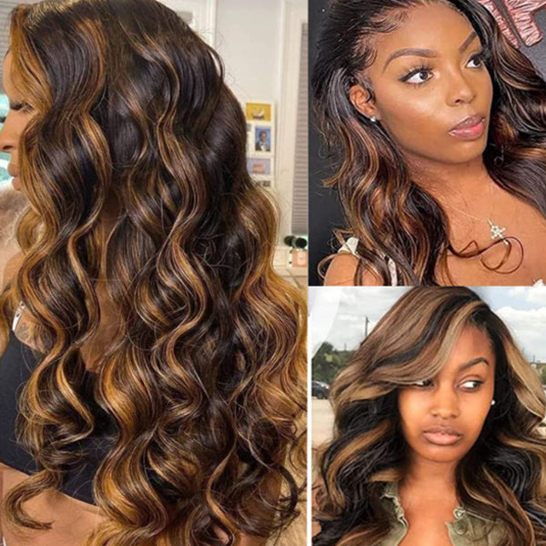 Ombre Lace Front Wig Human Hair 1B/30 Body Wave Highlight 13x4 Ombre Brown Lace Wigs