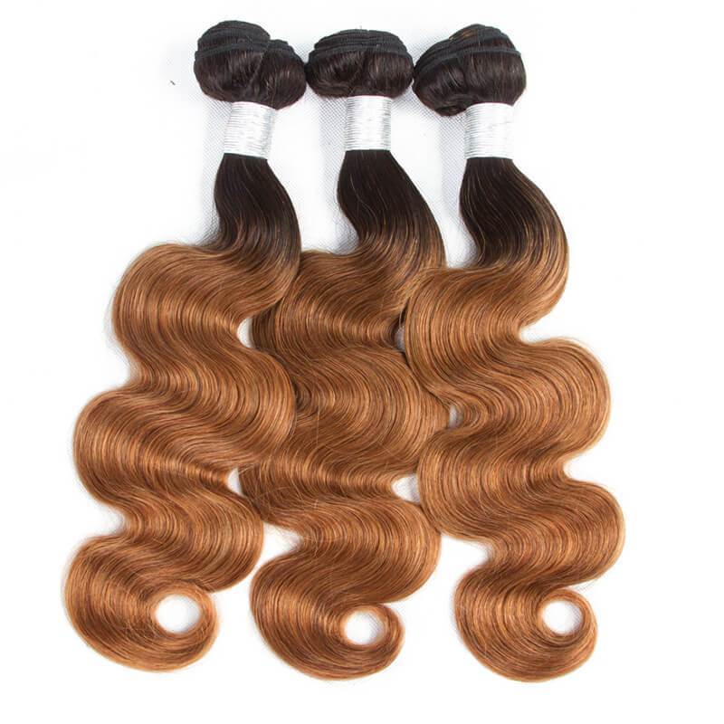 QT 1B/30 Body Wave 3 Bundles with Lace Closure Dark Roots Ombre Human Hair