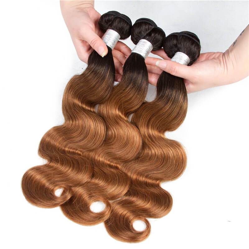 QT 1B/30 Body Wave 3 Bundles with Lace Closure Dark Roots Ombre Human Hair