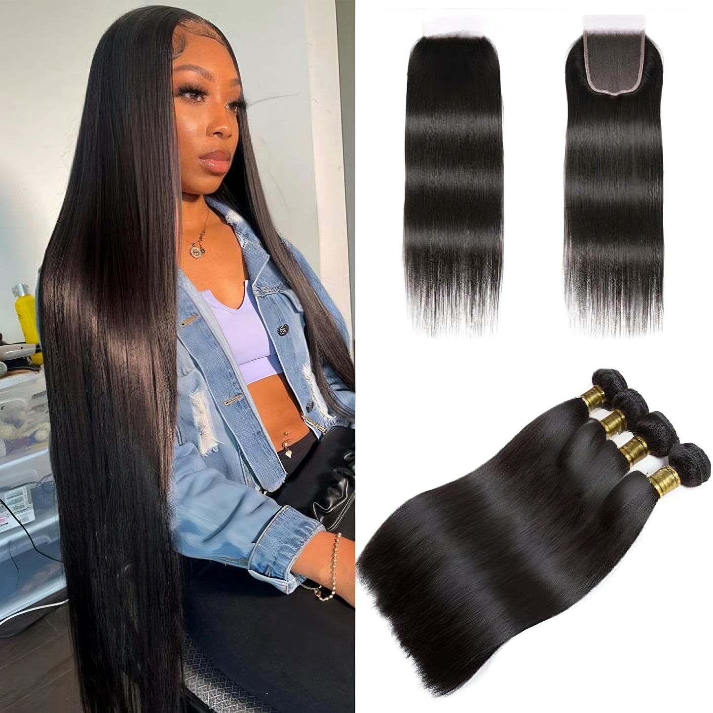Straight Raw Virgin Human Hair 4 Bundles with 4*4 Lace Closure Pre Plucked