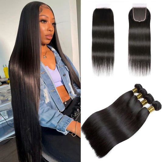 Straight Raw Virgin Human Hair 4 Bundles with 4*4 Lace Closure Pre Plucked