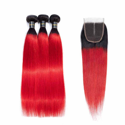 1B/Red Straight 3 Bundles with Lace Closure Ombre Human Hair Bundles Weaves