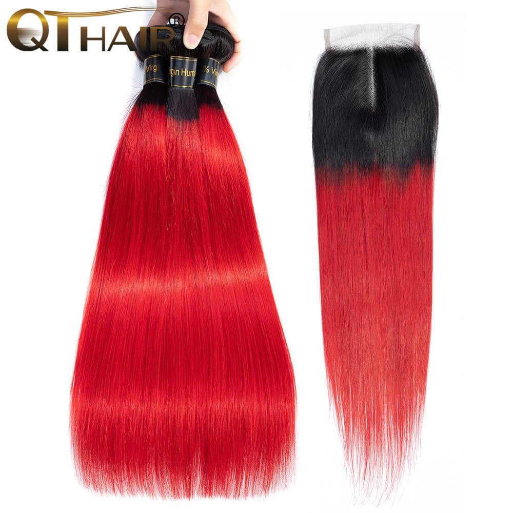 1B/Red Straight 3 Bundles with Lace Closure Ombre Human Hair Bundles Weaves