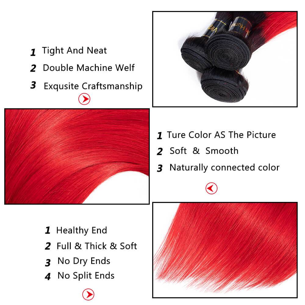 1B/Red Straight 3 Bundles with Lace Closure Ombre Human Hair Bundles Weaves