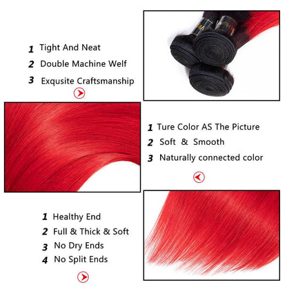 1B/Red Straight 3 Bundles with Lace Closure Ombre Human Hair Bundles Weaves