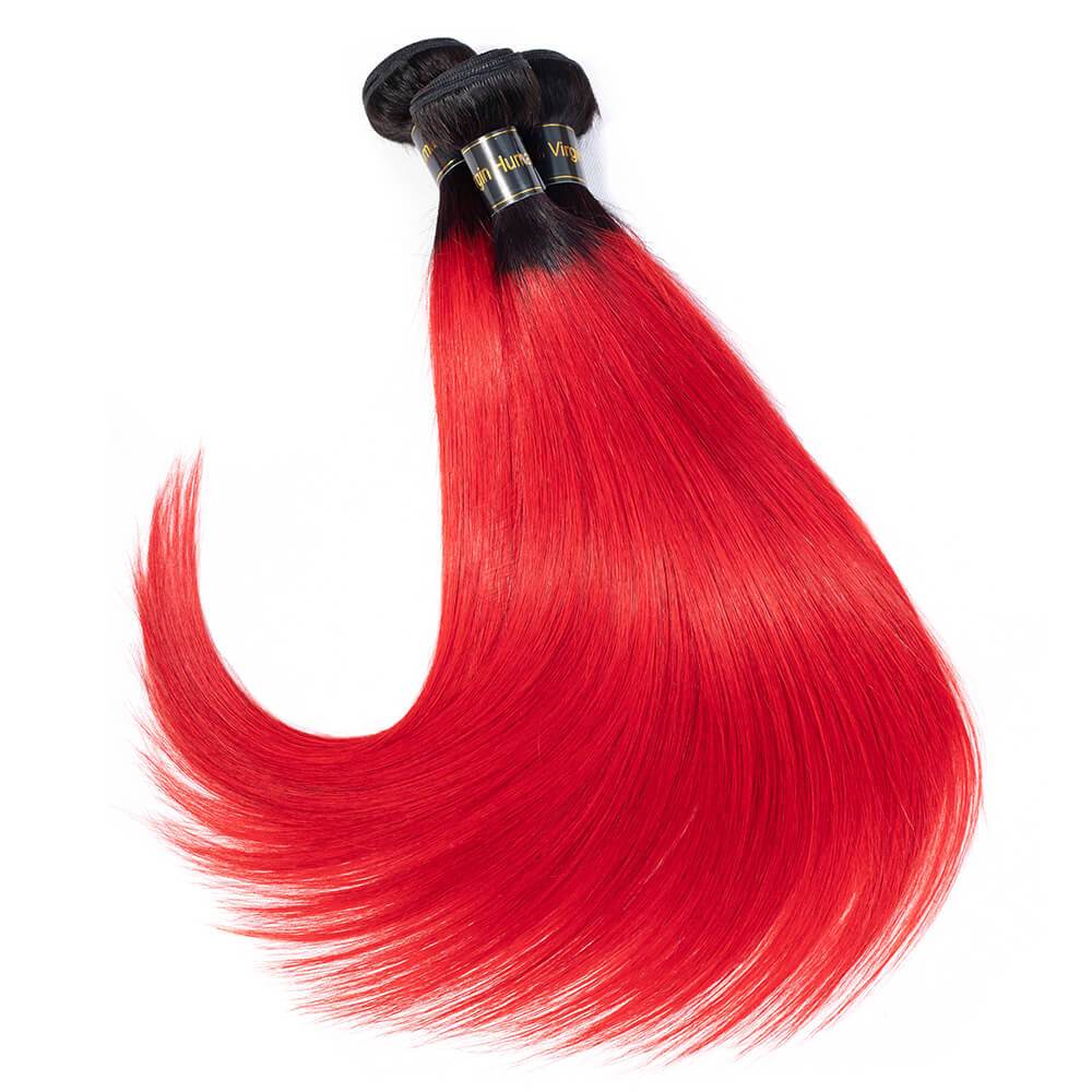 1B/Red Straight 3 Bundles with Lace Closure Ombre Human Hair Bundles Weaves