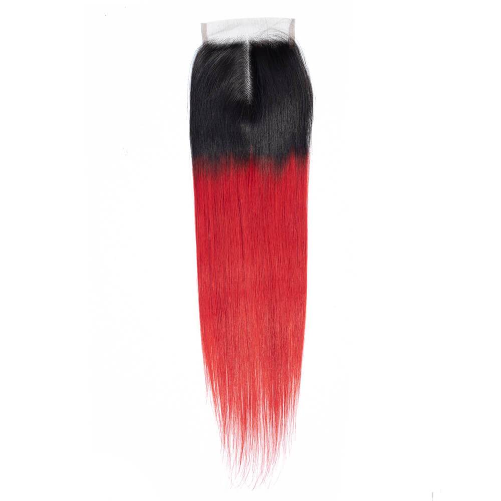 1B/Red Straight 3 Bundles with Lace Closure Ombre Human Hair Bundles Weaves