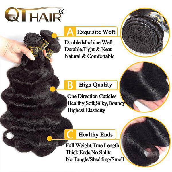 QT 14A Brazilian Body Wave Human Hair 3 Bundles with Swiss Lace Closure