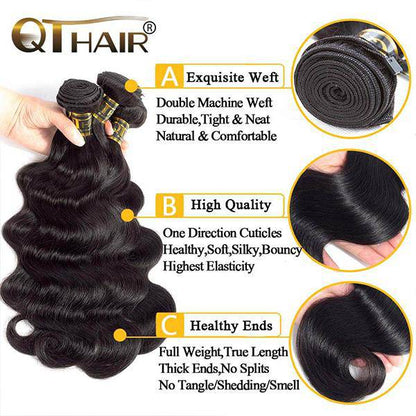 QT 14A Brazilian Body Wave Human Hair 3 Bundles with Swiss Lace Closure