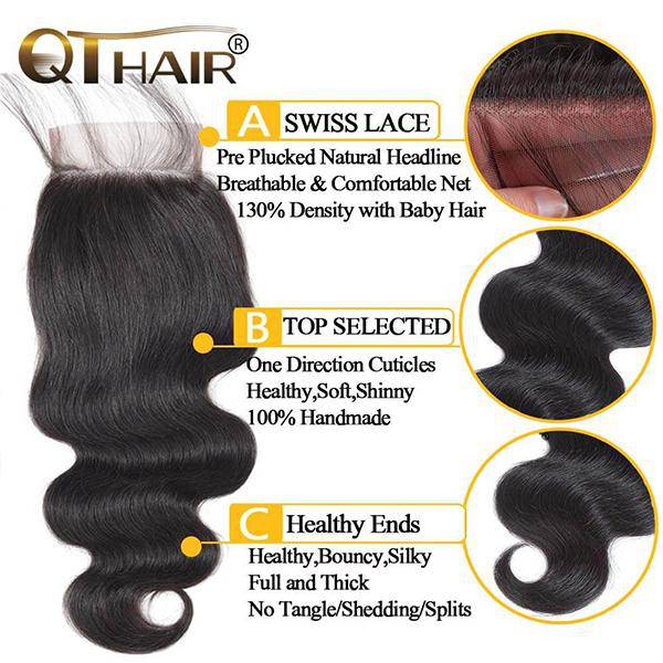 QT 14A Brazilian Body Wave Human Hair 3 Bundles with Swiss Lace Closure