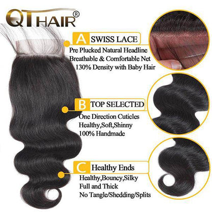 QT 14A Brazilian Body Wave Human Hair 3 Bundles with Swiss Lace Closure