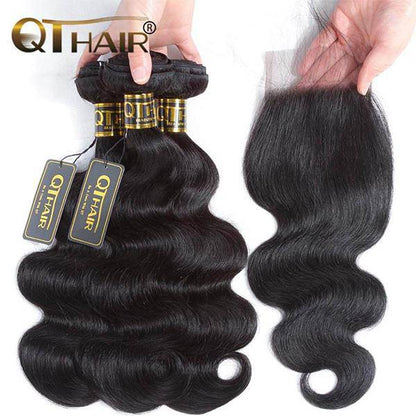 QT 14A Brazilian Body Wave Human Hair 3 Bundles with Swiss Lace Closure