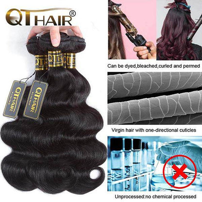QT 14A Brazilian Body Wave Human Hair 3 Bundles with Swiss Lace Closure