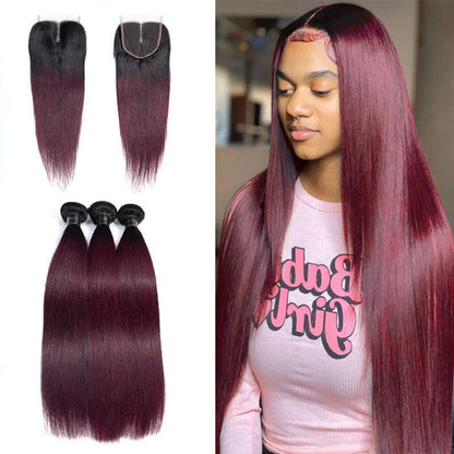 1B/99J Ombre Hair Weave 3 Pcs Straight with 4x4 Lace Closure 100% Virgin Human Hair
