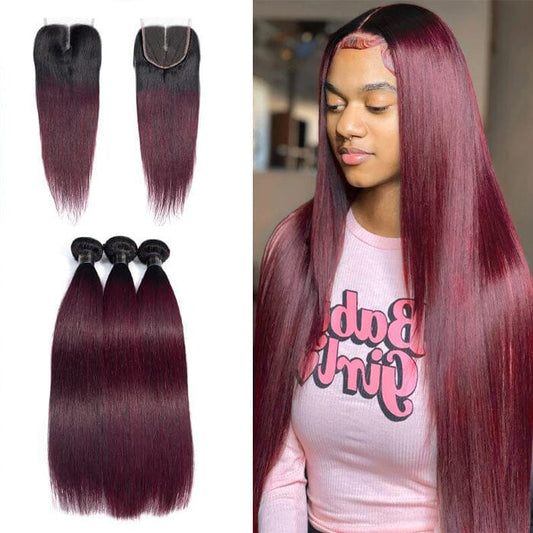 1B/99J Ombre Hair Weave 3 Pcs Straight with 4x4 Lace Closure 100% Virgin Human Hair