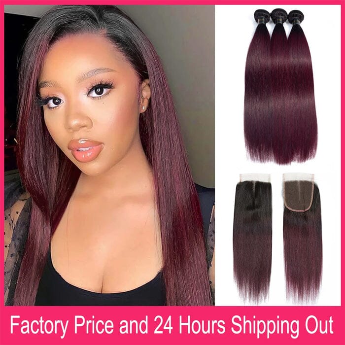1B/99J Ombre Hair Weave 3 Pcs Straight with 4x4 Lace Closure 100% Virgin Human Hair
