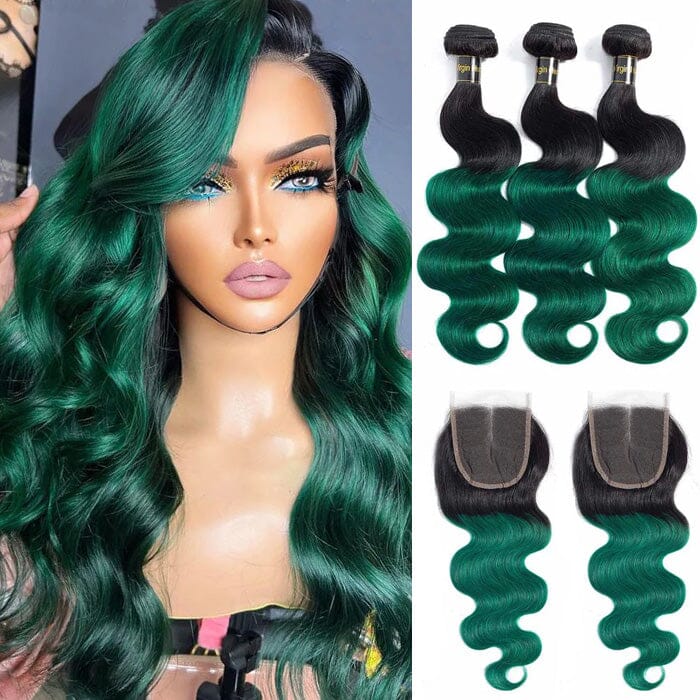 1B/Green Ombre Hair Weave 3 Pcs Body Wave Human Hair with Lace Closure