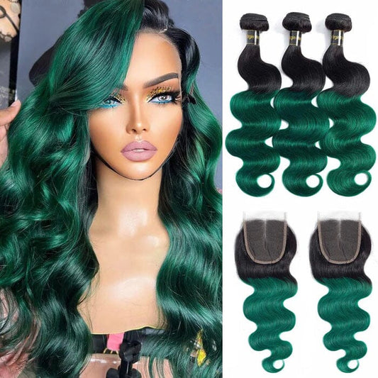 1B/Green Ombre Hair Weave 3 Pcs Body Wave Human Hair with Lace Closure