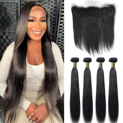 Straight Human Hair 4 Bundles with Frontal Natural Black Color for Women