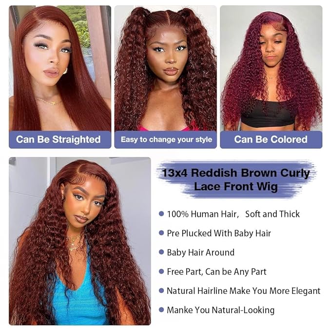 Reddish Brown Wig Human Hair 13x4/13x6 Curly Wig 33# Color Auburn Deep Wave Human Hair Wigs