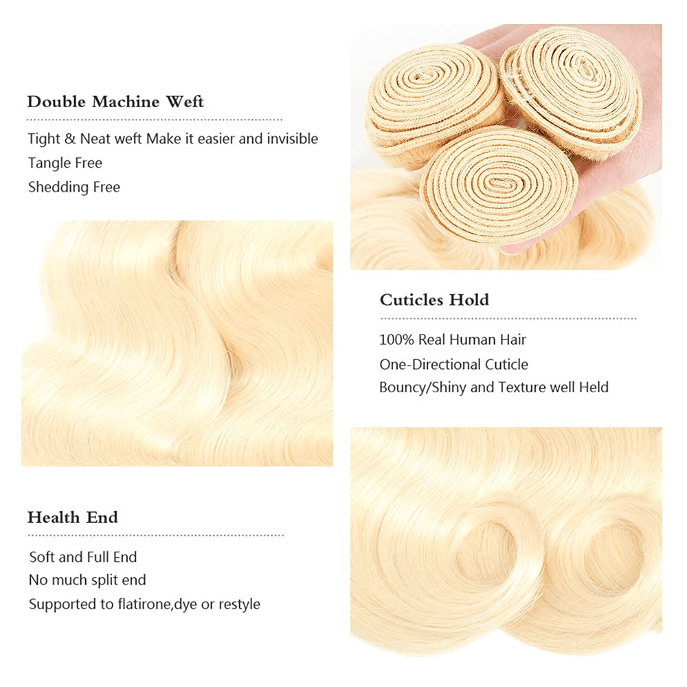 QT 14A Body Wave #613 Color Honey Blonde Hair 4 Bundles with 4x4 Lace Closure