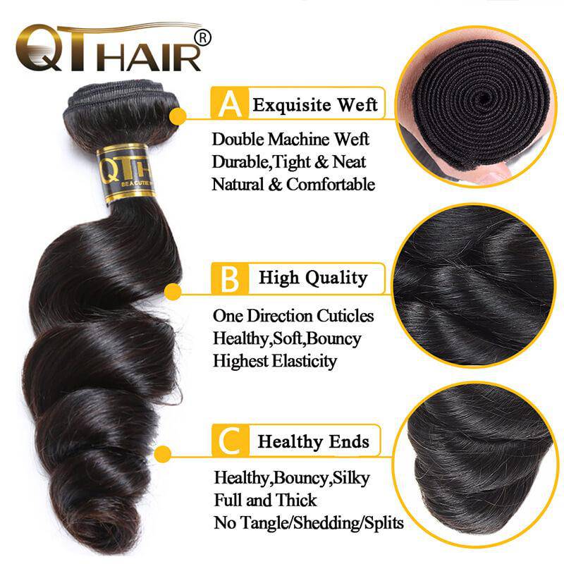 QT 14A Grade Brazilian Loose Wave Human Hair Bundles with 4x4 Lace Closure