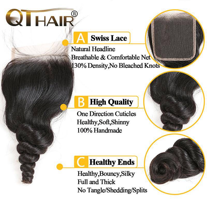QT 14A Grade Brazilian Loose Wave Human Hair Bundles with 4x4 Lace Closure