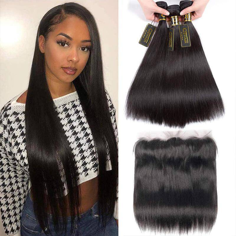QT Hair Brazilian Virgin Straight Human Hair Bundles with Lace Frontal Closure