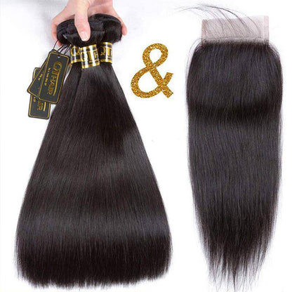 QT Hair Brazilian Virgin Straight Human Hair Bundles with Lace Frontal Closure