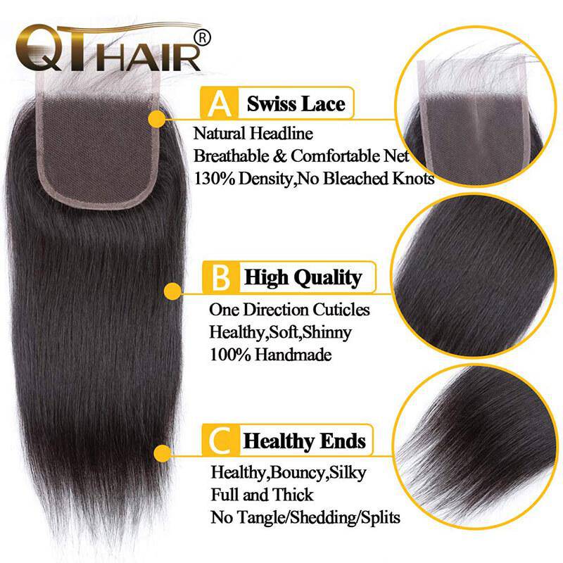 QT Hair Brazilian Virgin Straight Human Hair Bundles with Lace Frontal Closure