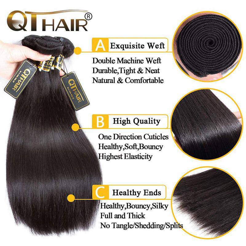 QT Hair Brazilian Virgin Straight Human Hair Bundles with Lace Frontal Closure