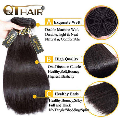 QT Hair Brazilian Virgin Straight Human Hair Bundles with Lace Frontal Closure