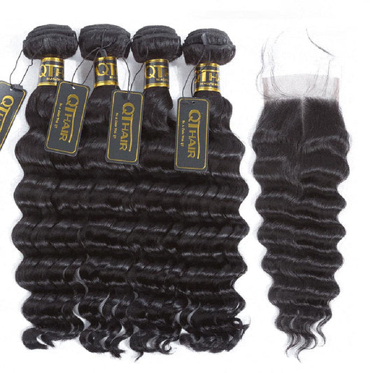 Indian Loose Deep Wave Human Hair 4 Bundles With 4x4 Lace Closure