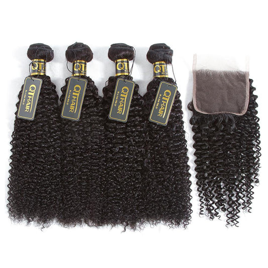 Brazilian Curly Virgin Hair Weave 4 Bundles with 4X4 Lace Closure Human Hair