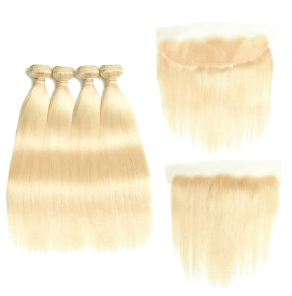 14A #613 Blonde Straight Hair 4 Bundles with Lace Frontal Platinum Blonde Human Hair