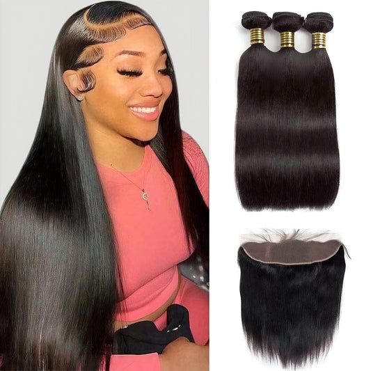 Straight Human Hair Weave 3 Bundles with 13x4 Lace Frontal Natural Color