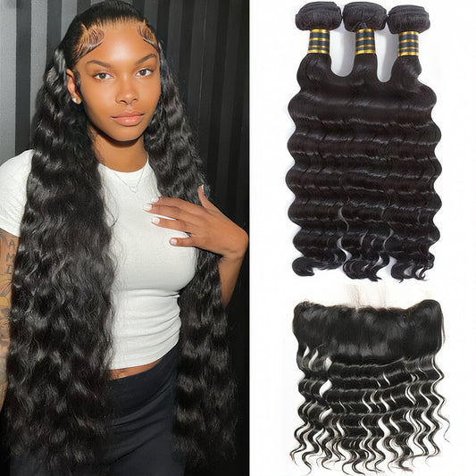 Loose Deep Wave Human Hair 3 Bundles with 13x4 Transparent Lace Frontal