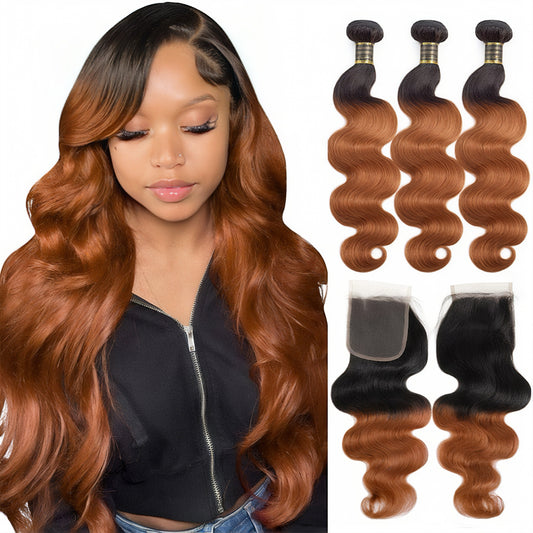 1B/30 Body Wave 3 Bundles with Lace Closure Dark Roots Ombre Human Hair