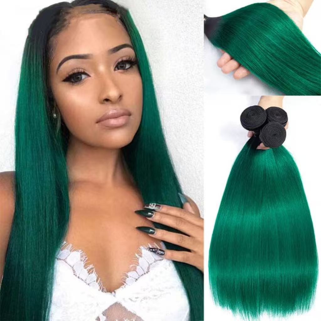 1B/Green Ombre Hair Staight 3 Bundles with Closure Dark Roots Turquoise Human Hair