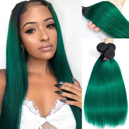 1B/Green Ombre Hair Staight 3 Bundles with Closure Dark Roots Turquoise Human Hair