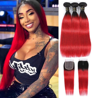 1B/Red Straight 3 Bundles with Lace Closure Ombre Human Hair Bundles Weaves