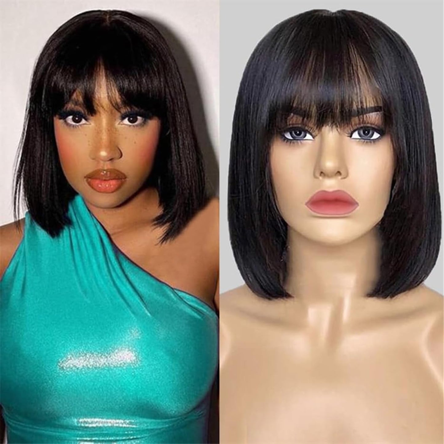 Short Bob Human Hair Wigs with Bangs None Lace Front Wigs Straight Hair Machine Made Bob Wig