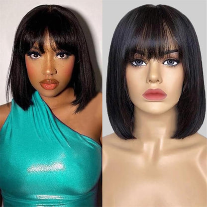 Short Bob Human Hair Wigs with Bangs None Lace Front Wigs Straight Hair Machine Made Bob Wig