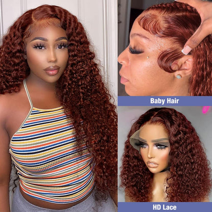 Reddish Brown Wig Human Hair 13x4/13x6 Curly Wig 33# Color Auburn Deep Wave Human Hair Wigs